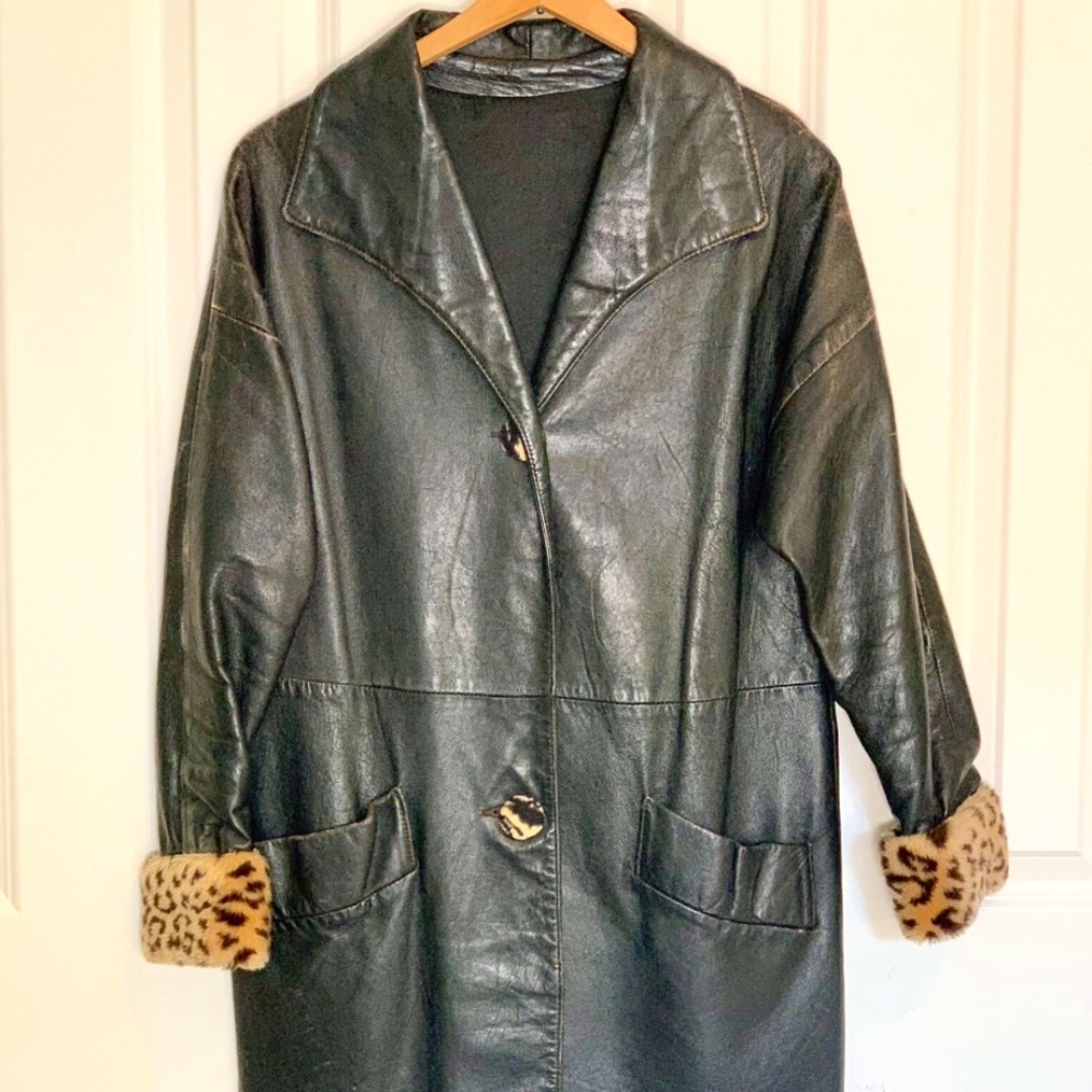 1960s black leather long coat/jacket faux cheetah fur accents